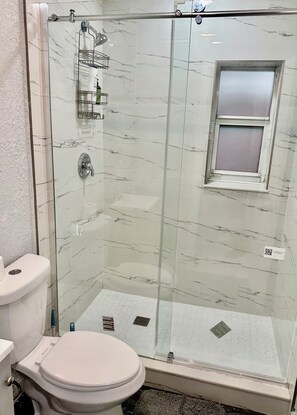 Shower, hair dryer, towels, soap