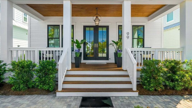 A white house with a wooden porch, steps, and potted plants. - ☀️Infinity Pool-4BR-30A Cypress Stay (Santa Rosa Beach)
