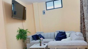 Ein Wohnzimmer mit grauem Sofa, einem weißen Couchtisch, einer Topfpflanze und einem an der Wand befestigten Flachbildfernseher.