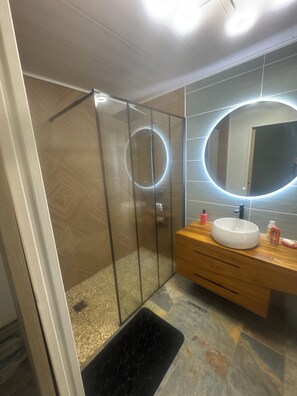 Shower, hair dryer, towels, toilet paper