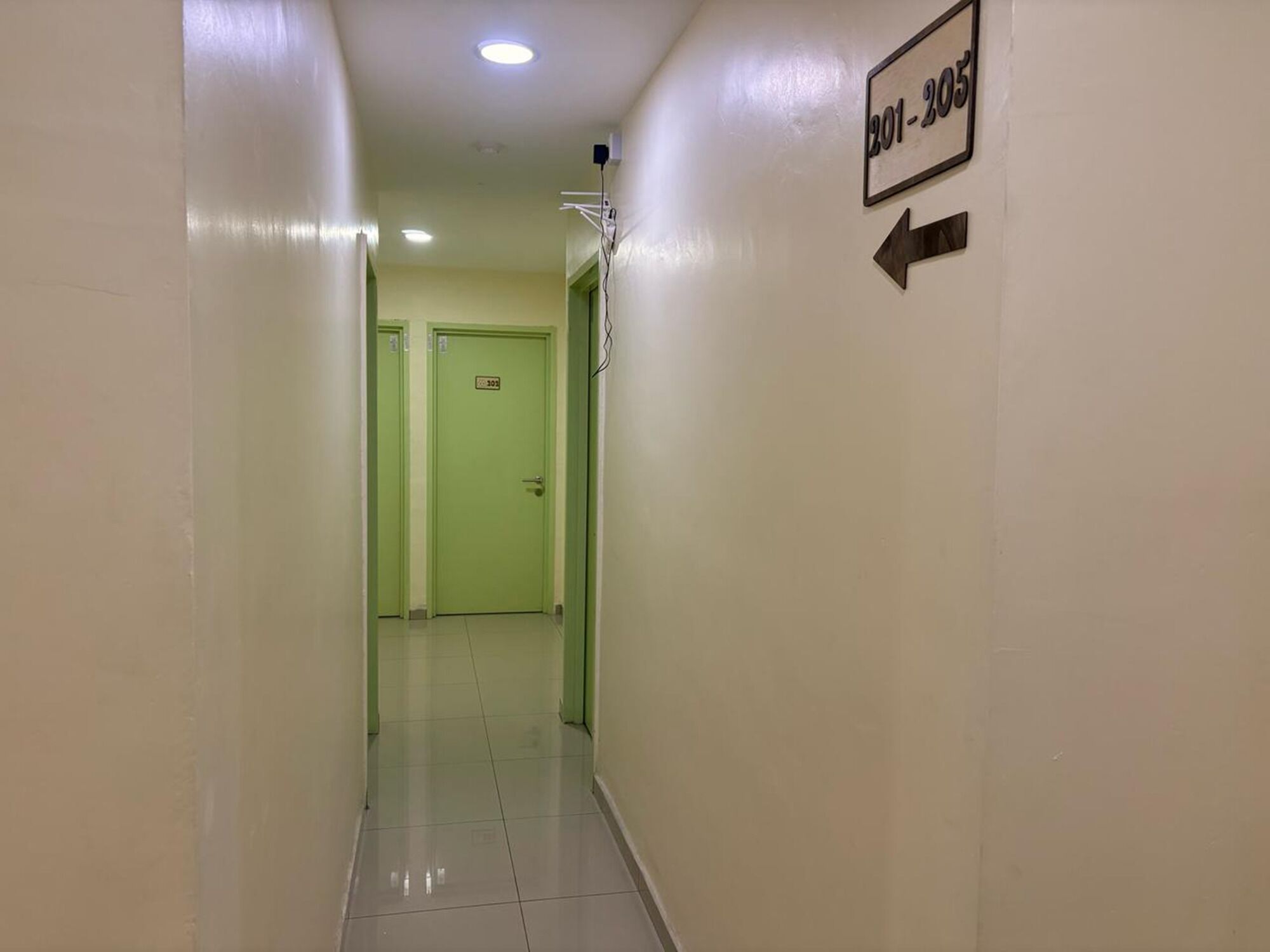 A hallway with a green door, a sign with the number 201-205, and an arrow pointing to the left.