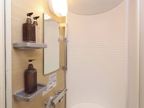 Shower, free toiletries, hair dryer, slippers