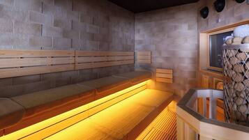 A sauna with wooden benches and a tiled wall.