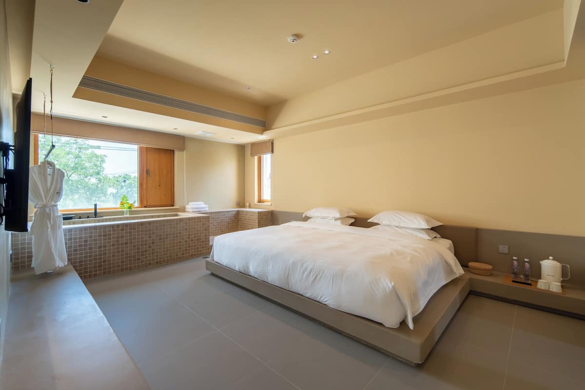 A modern bedroom with a large bed, a built-in bathtub, and a view of the outdoors.