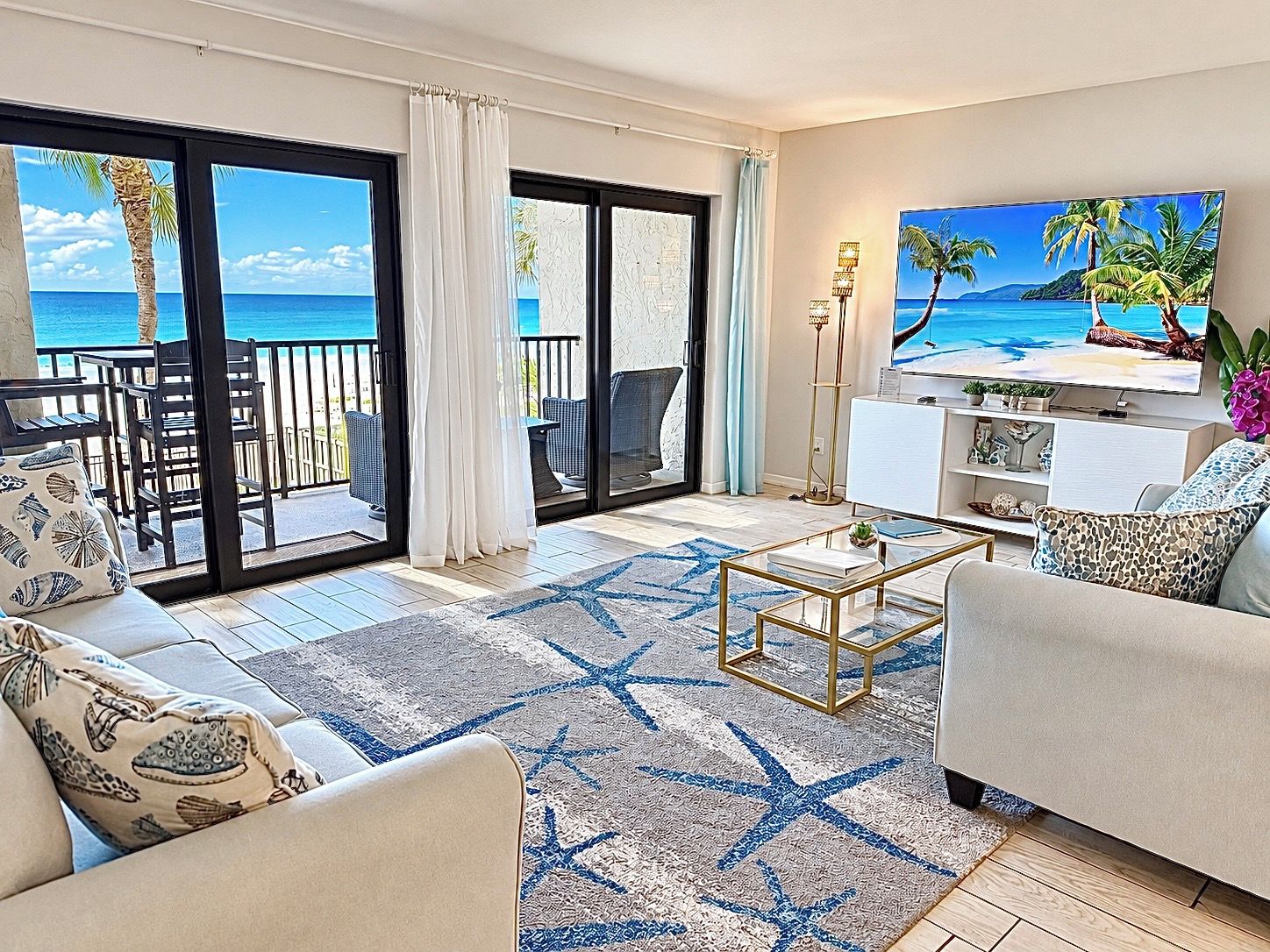 75-inchTV Sleeper sofa queen size, comfortable memory foam mattress. Beach view.