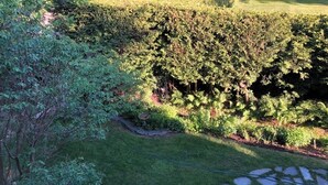 A landscaped garden with a stone pathway, a lawn, and dense shrubbery. - Le Havre Gris, a spacious private room for relaxing or working (Sherbrooke)