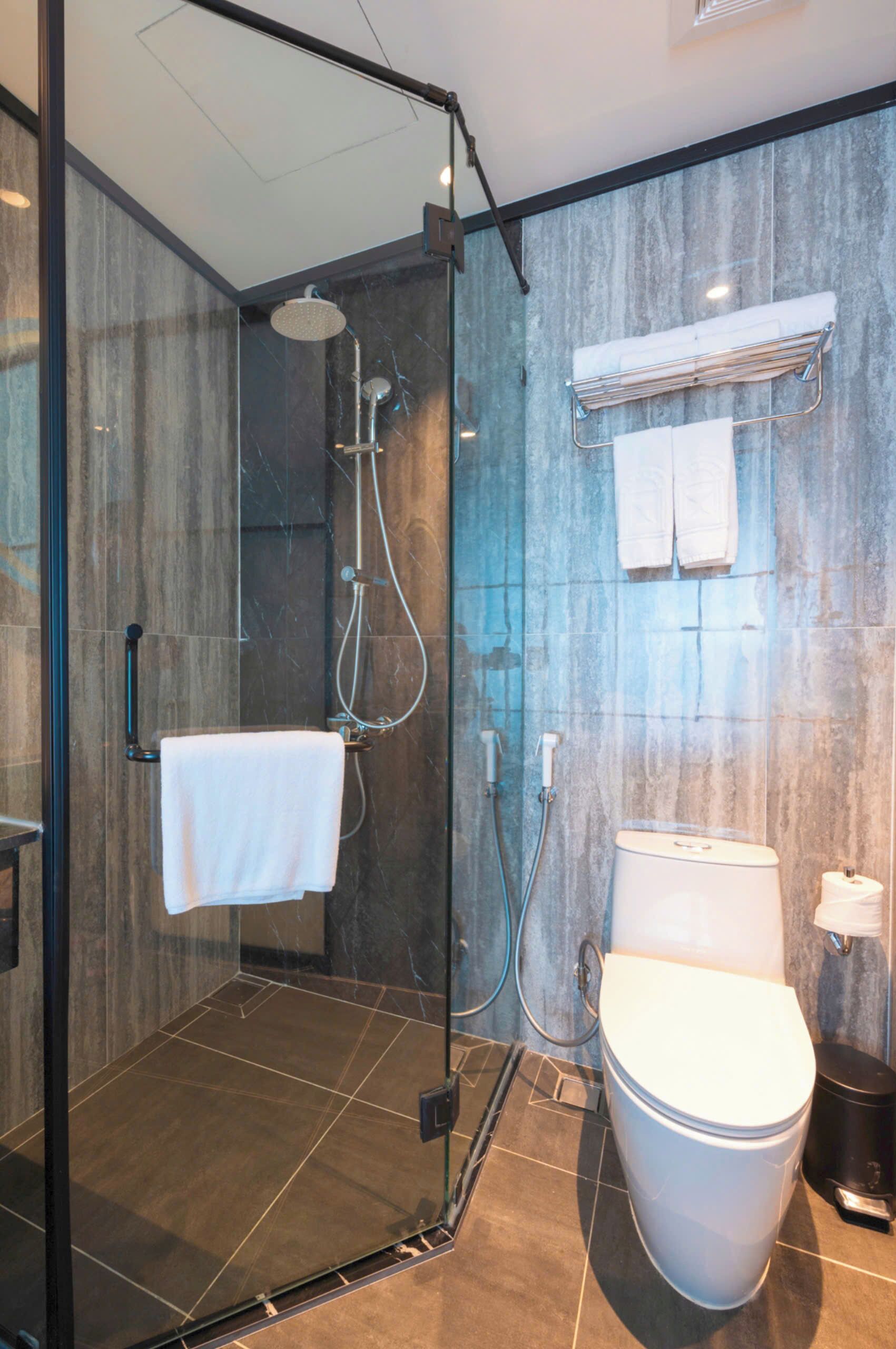 A modern bathroom with a glass-enclosed shower, a toilet, and a towel rack.