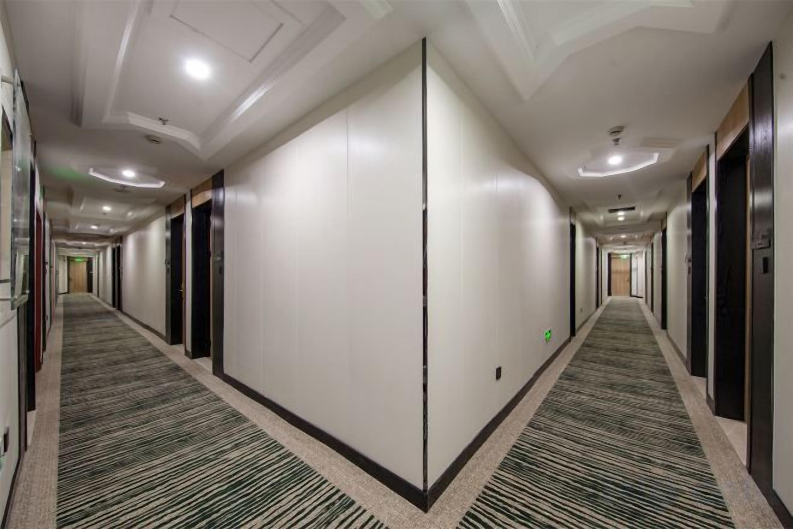 A hotel corridor with a carpeted floor, doors on both sides, and a ceiling with recessed lighting.