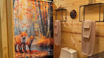 Hair dryer, towels, soap, shampoo