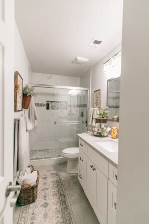 Shower, towels, soap, toilet paper