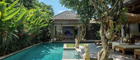 Outdoor pool, pool umbrellas, pool loungers