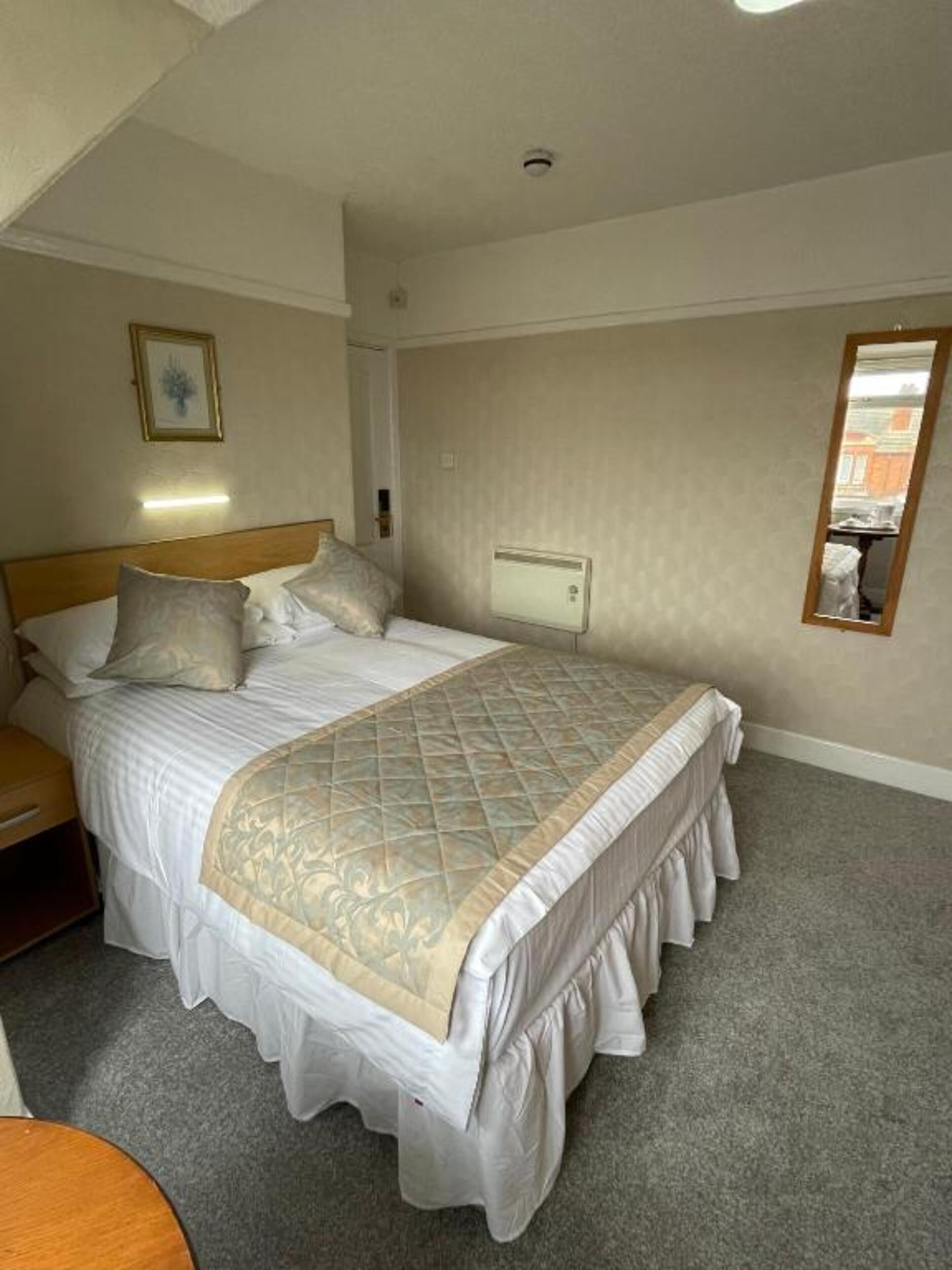 A bedroom with a large bed, a bedside table, a wall-mounted heater, and a mirror.