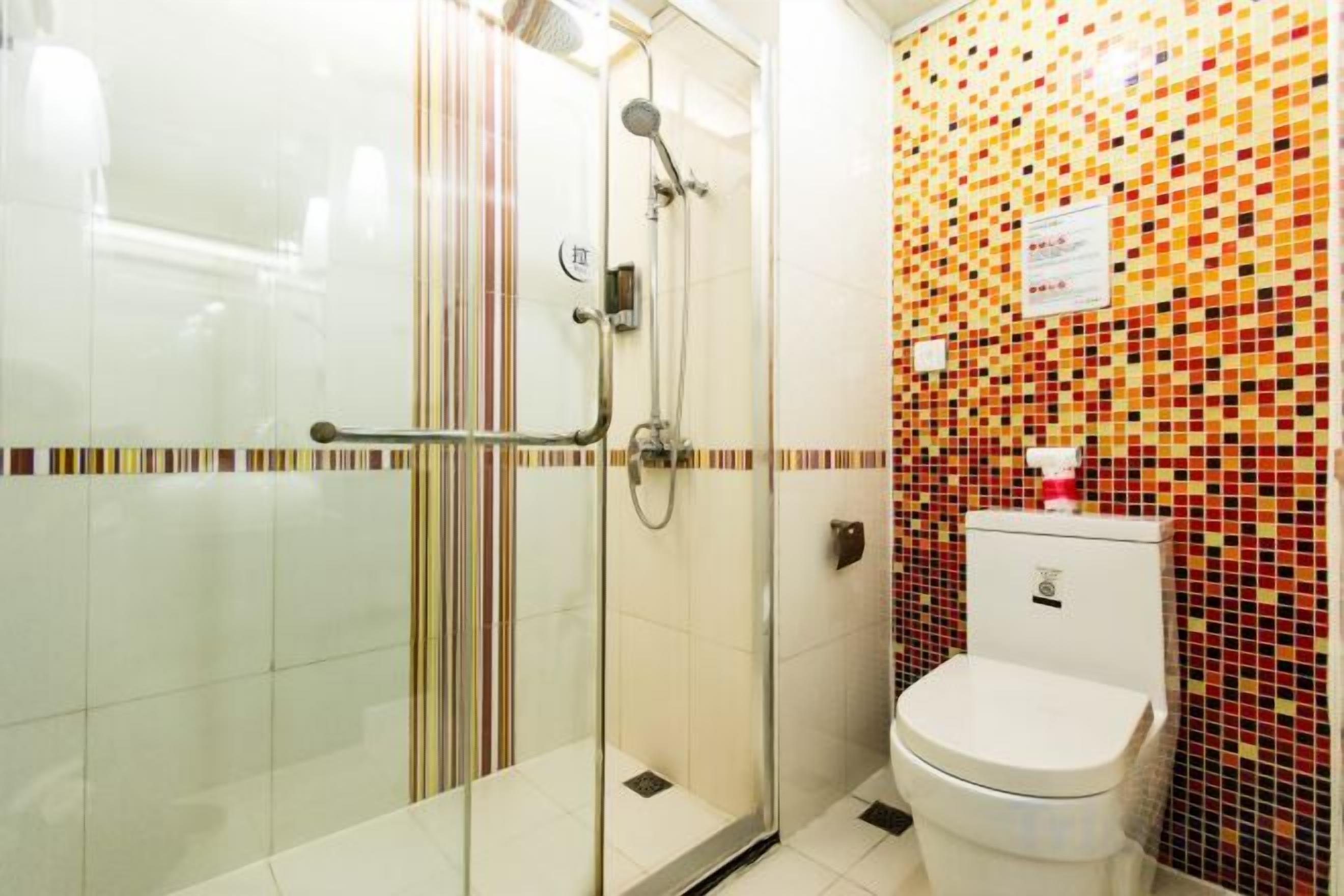 A bathroom with a glass shower enclosure, a white toilet, and a tiled wall with a colorful mosaic pattern.