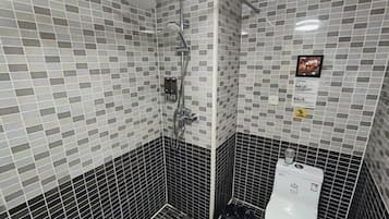 A bathroom with a shower, toilet, and tiled walls.
