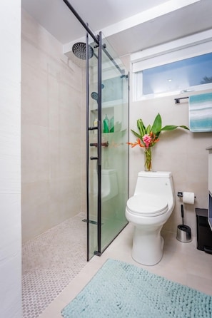 Hair dryer, towels, soap, toilet paper