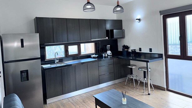A modern kitchen with dark cabinetry, stainless steel appliances, and pendant lighting.