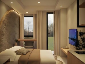 Apartamento, vistas a la ciudad | 1 dormitorio, caja fuerte, escritorio y tabla de planchar con plancha