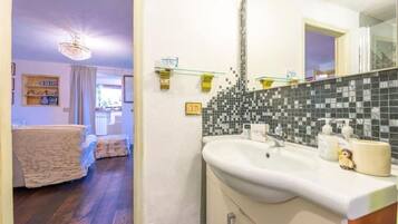 Shower, hair dryer, soap, toilet paper