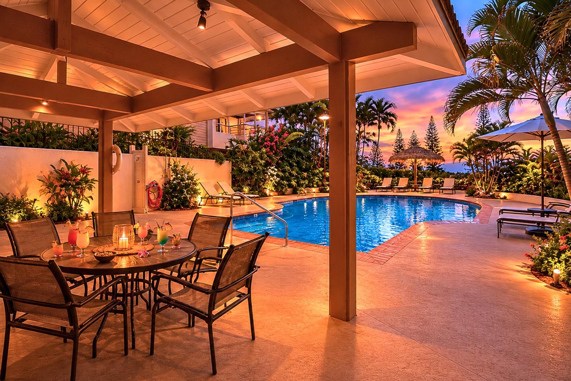 Un espace extérieur avec une piscine, des chaises longues, une table à manger avec des chaises et un coin salon abrité.