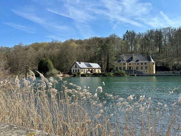 A lakeside property with a large house and a smaller building, surrounded by trees and reeds.