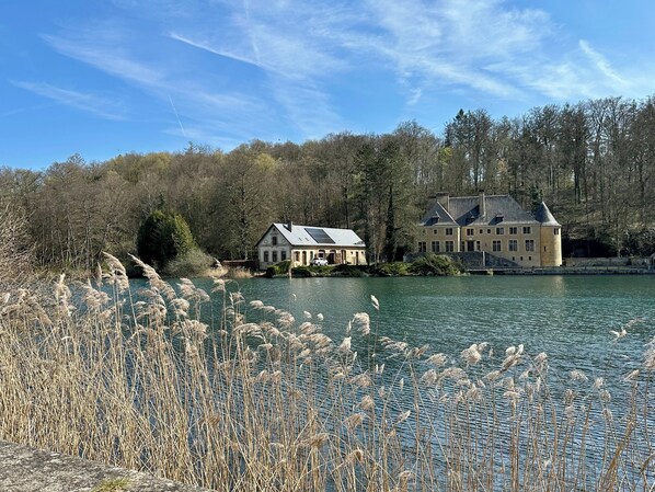 Una propiedad junto al lago con una casa grande y un edificio más pequeño, rodeada de árboles y juncos.