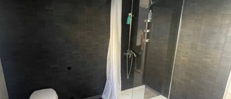 Hair dryer, towels, soap, shampoo