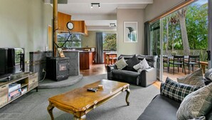 A modern living room with a fireplace, a sofa, a coffee table, and a television. - Richards - Spacious, charming, private and cosy, with Spa Bath and large outdoor deck (Taupō)
