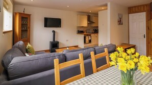 A living room with a sofa, a TV, a fireplace, and a kitchen area visible through an open door. - Triumph Cottage (Chipping Norton)