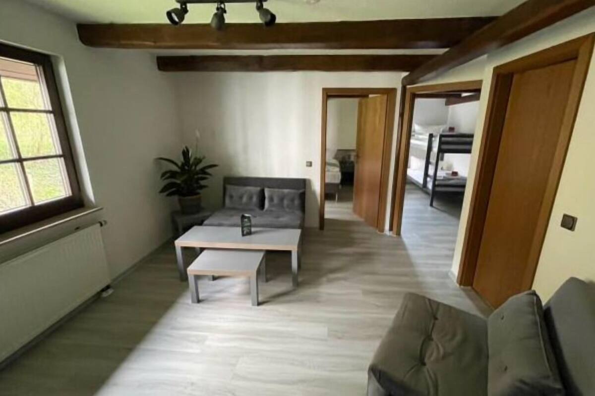 Una habitación con sofá, una mesita, una planta en maceta y una ventana.