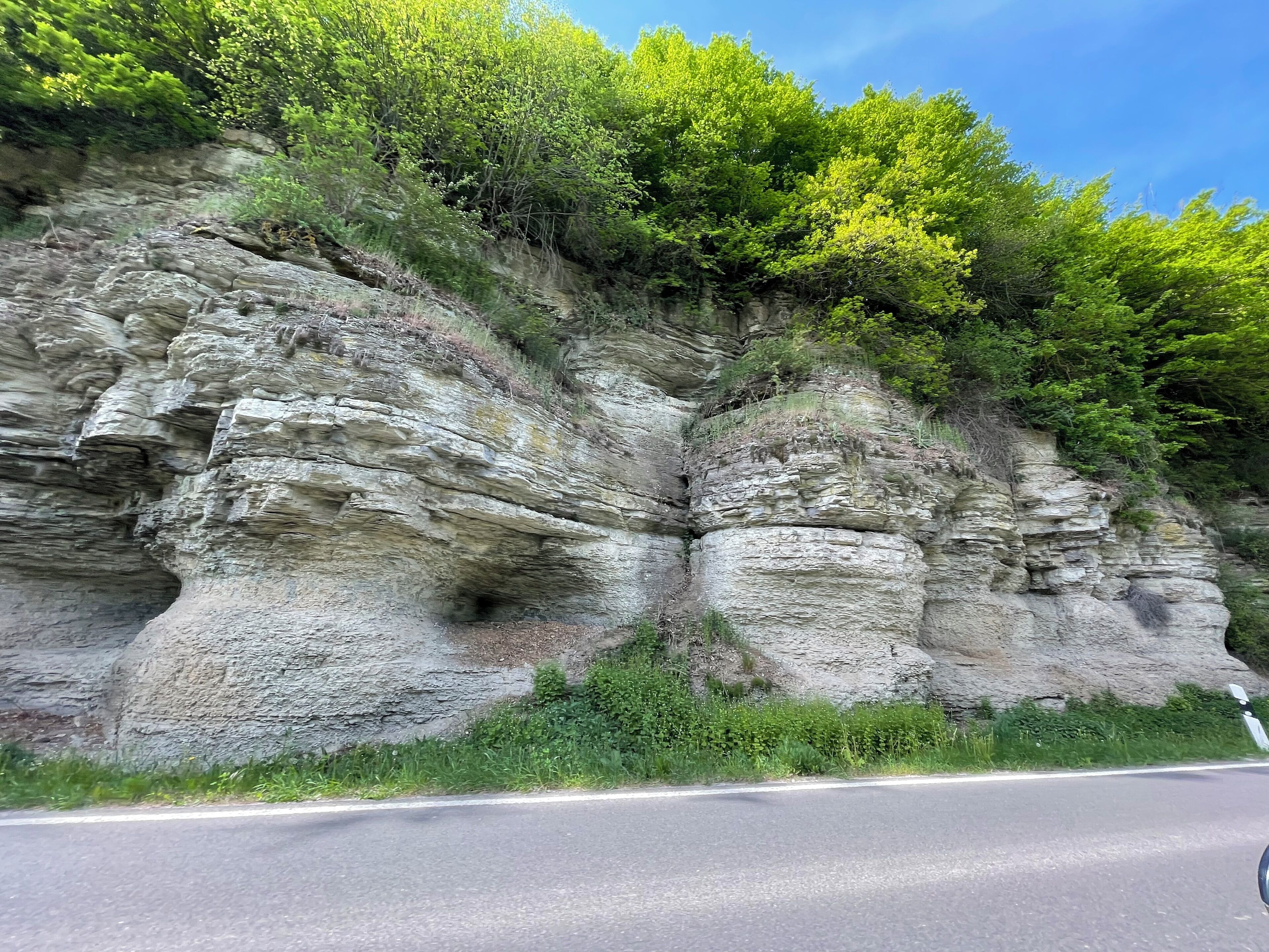 Eine Straße entlang einer felsigen Klippe mit viel Grün.