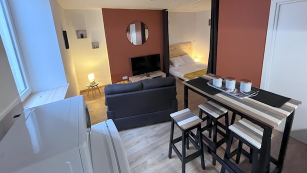 A compact living space with a dining area, a sofa, a TV, and a bed. - Fully-equipped studio just a stone's throw from the Château de Lunéville (Lunéville)