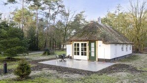 Een klein wit gebouw met rieten dak, een groene deur en een geplaveid terras met een tafel en stoelen.