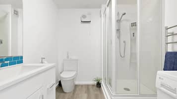 Shower, towels, soap, toilet paper