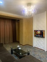 Una sala de estar con una araña, un televisor montado en la pared, una alfombra estampada y un sofá.