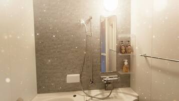 Shower, hair dryer, bidet, towels