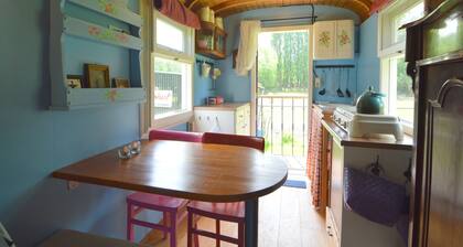 Zigeunerwagen in Weideblick mit Tieren