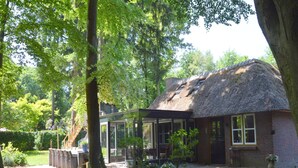 Un bâtiment à toit de chaume doté d’une extension en verre, entouré d’une végétation luxuriante et bordé d’un chemin pavé.