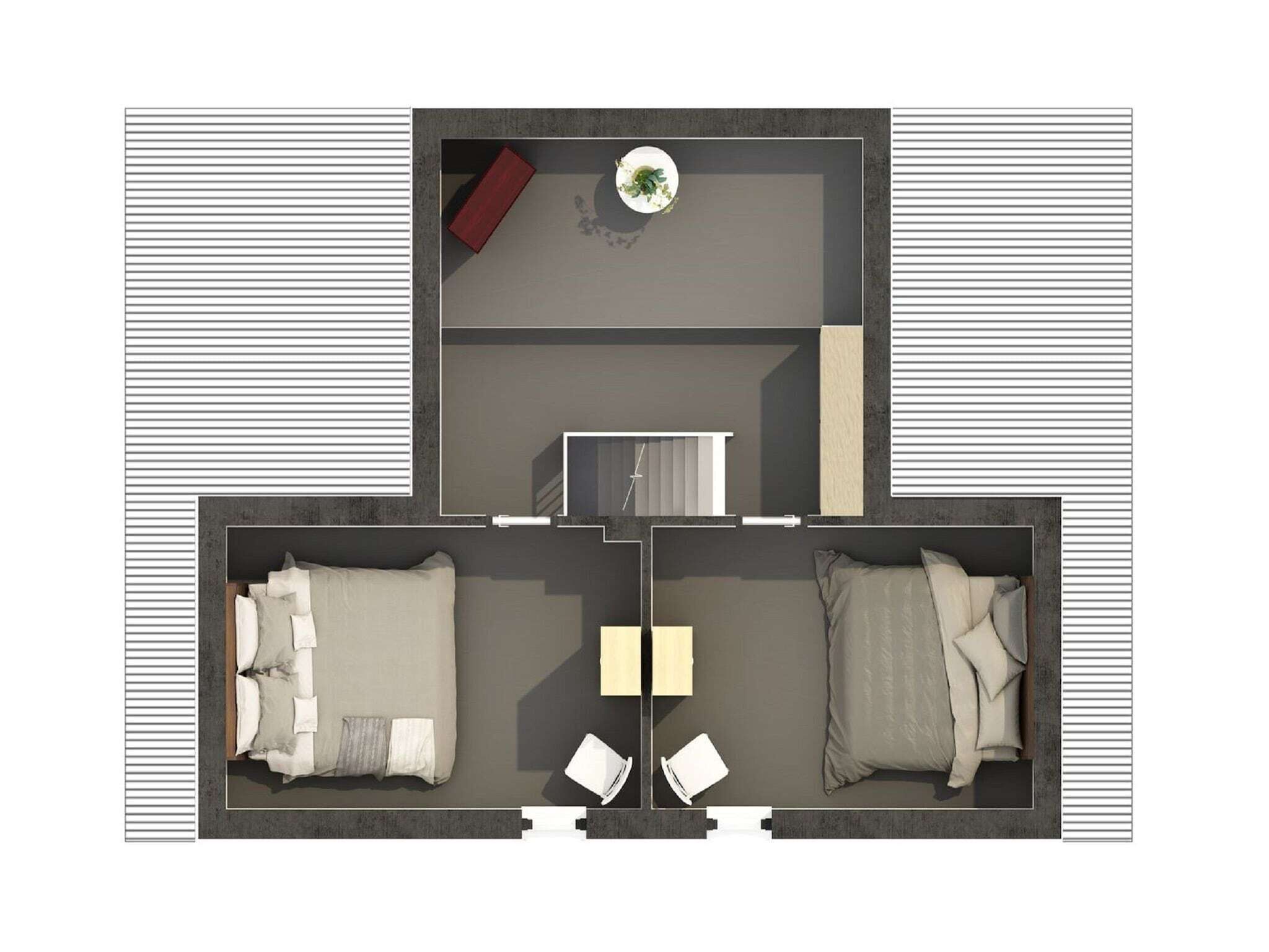 A floor plan of a hotel room with two beds, a desk, a chair, a small table, and a window.