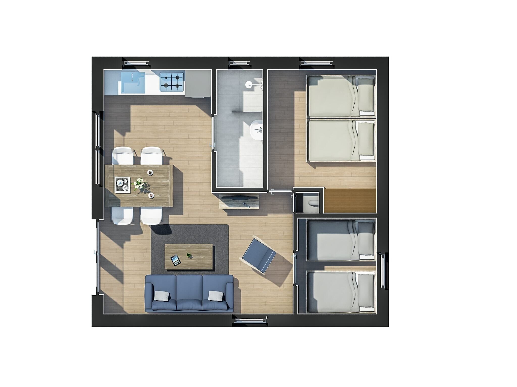 A modern apartment layout with a kitchen, dining area, living room, and two bedrooms.