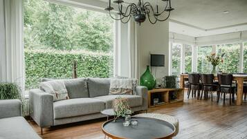 Smart TV, fireplace, DVD player, stereo