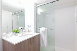 Hair dryer, towels, soap, shampoo
