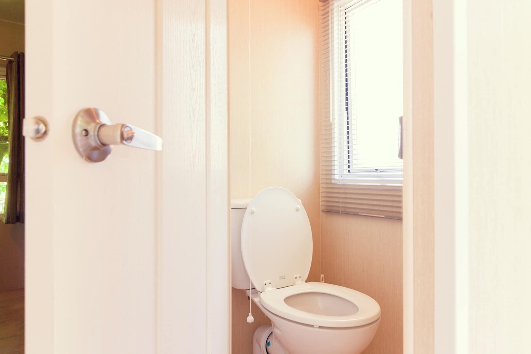 A bathroom with a toilet, a door with a handle, and a window with blinds.