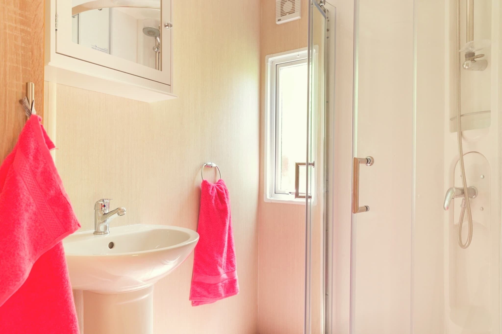 A bathroom with a sink, mirror, and shower.