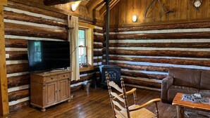 A log cabin interior with a wooden floor, a television, a fireplace, a rocking chair, and a leather couch. - Holiday Home with Garden in Den Ham (Den ham)