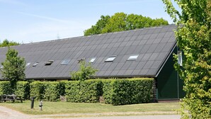 A large building with a sloped roof, multiple skylights, and a green exterior.