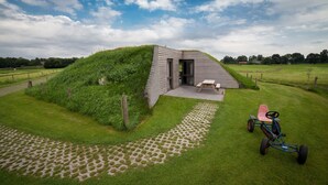A modern house with a grass-covered roof, a paved pathway, and a tricycle in the foreground. - Apartment in Netherlands with Scenic Meadows (Heeten)