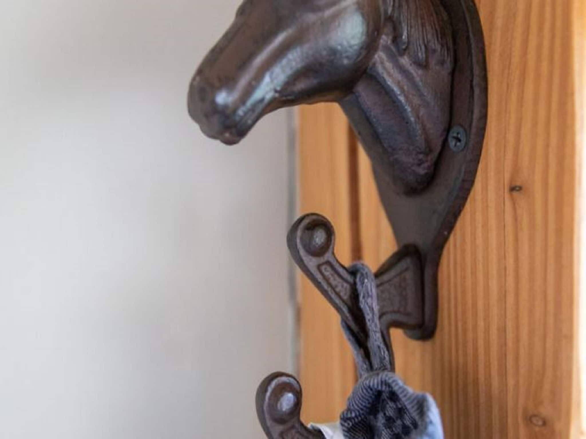 A wooden door with a metal handle and a towel hanging on a hook.