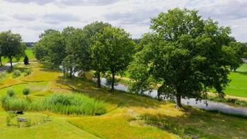 Üppige Landschaft mit Fluss, Bäumen und terrassenförmig angelegten Feldern.