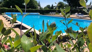 Una piscina amb aigua turquesa, envoltada de verdura i gandules.