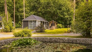 Una casa con un ventanal grande, un jardín y un estanque con nenúfares.